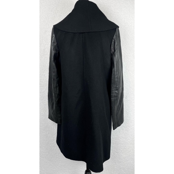 VINCE • Black Leather-Sleeve Shawl Collar Wool Trench Coat - Picture 5 of 15